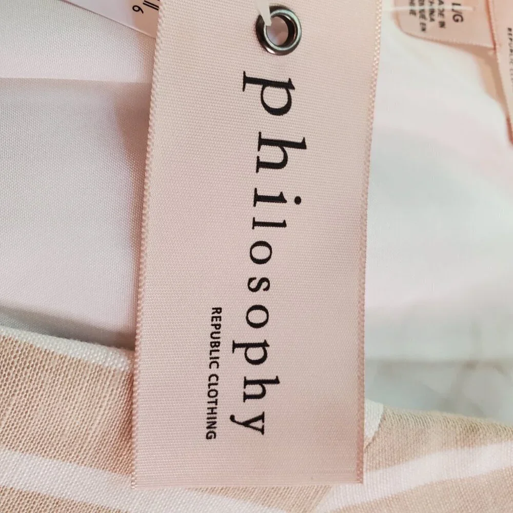 NEW Philosophy SZ L Stripe Notch Collar Long Sleeve Linen Blend Blazer Tan - Picture 10 of 12